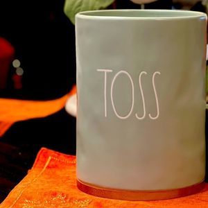 Rae Dunn Green ceramic with wood, TOSS trash basket, trash can.